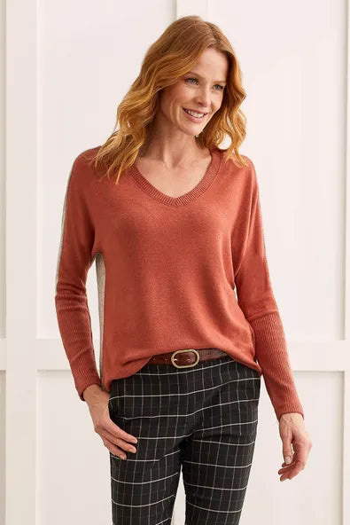 T Colour Blocked V Sweater: Clay or Red