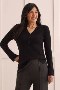 T Ribbed Long Sleeve Henley Sweater Top