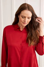 Load image into Gallery viewer, T Flowy Satin Button up Shirt: Red, Powell River, bC
