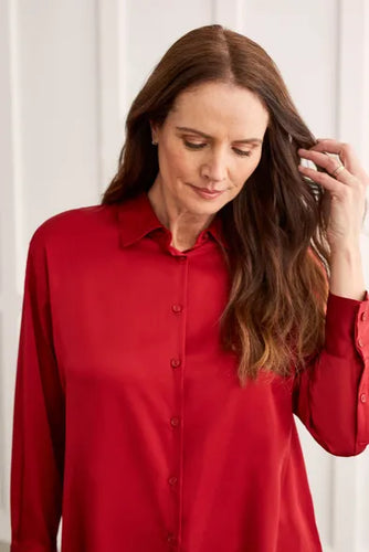 T Flowy Satin Button up Shirt: Red, Powell River, bC