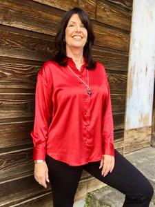 T Flowing Satin Button up Shirt: Red, Powell River, BC