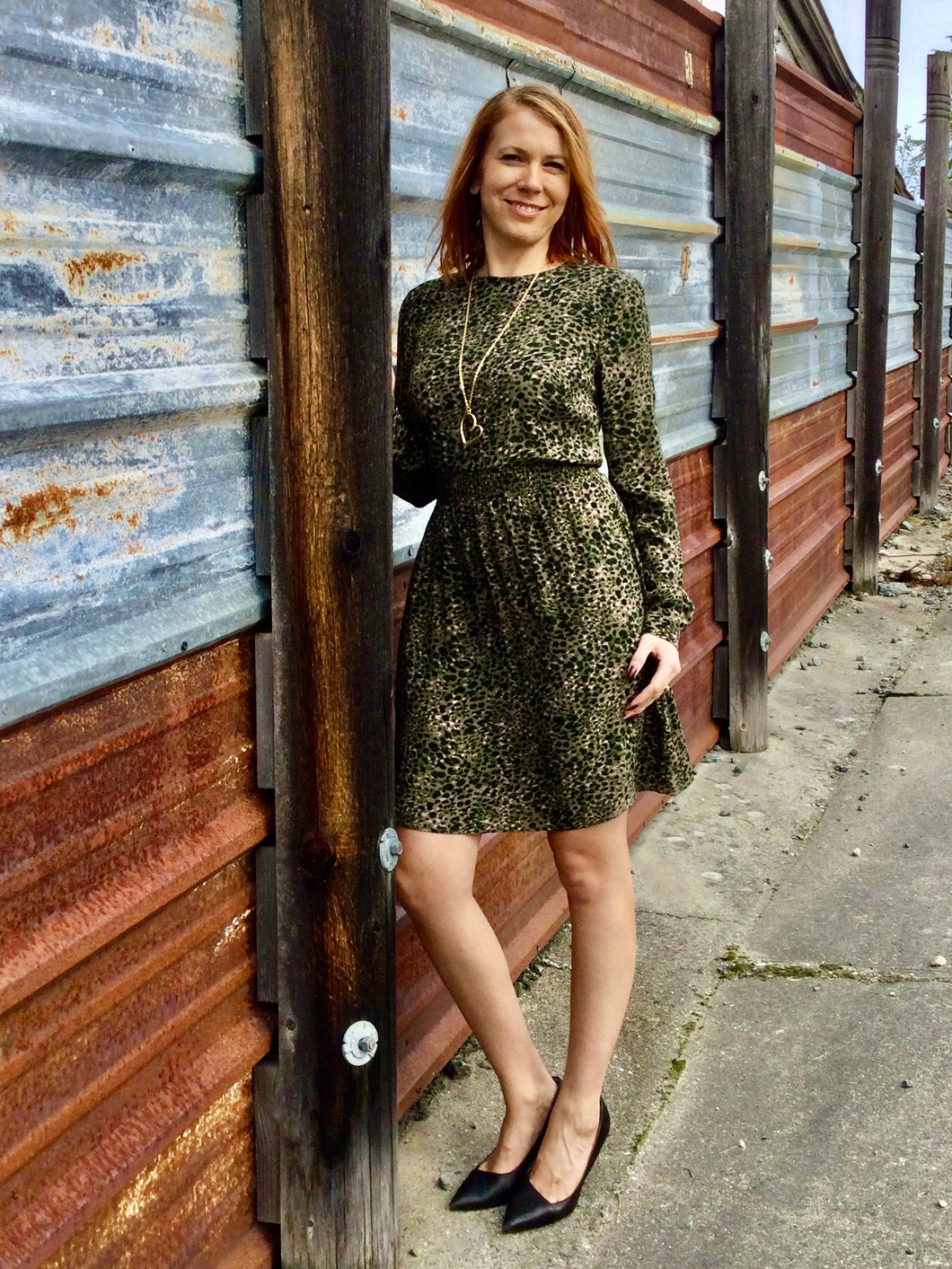 Long Sleeve Printed Dress: Olive, Powell River, BC