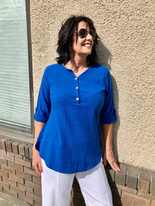 EZZ Kyla 3 Button Front Top: Pineapple or River Blue