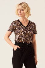 Load image into Gallery viewer, Black V-neck T with Flowerprint
